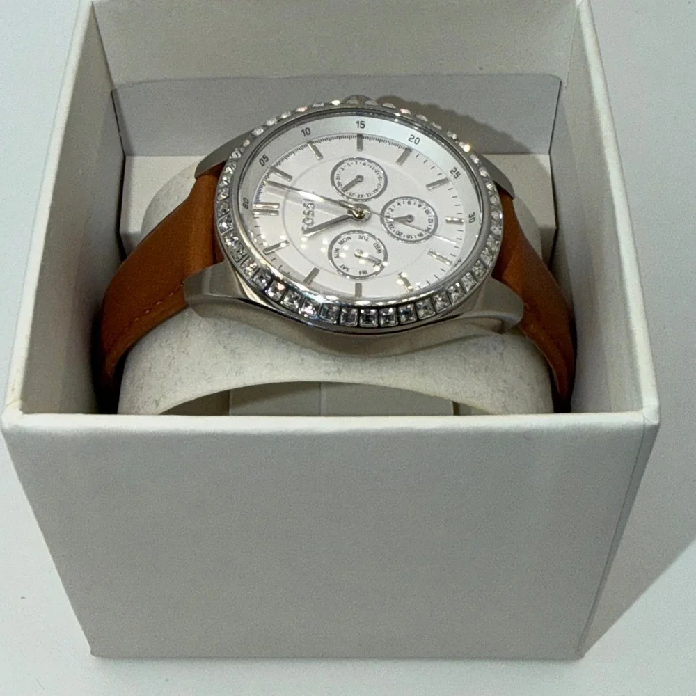 Fossil Riley Multifunction Watch Women Brown Leather Crystal Bezel Watch